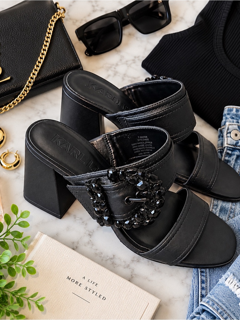 Karl Lagerfeld Black Jeweled Buckle Block Heel Mules